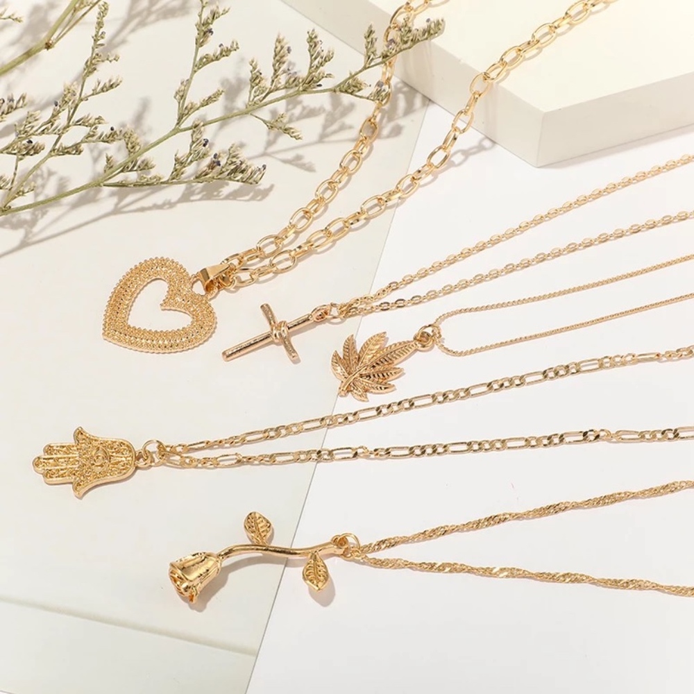 Layered 5 Pendent Heart Rose Cross Gold Necklace - Picture 7 of 8